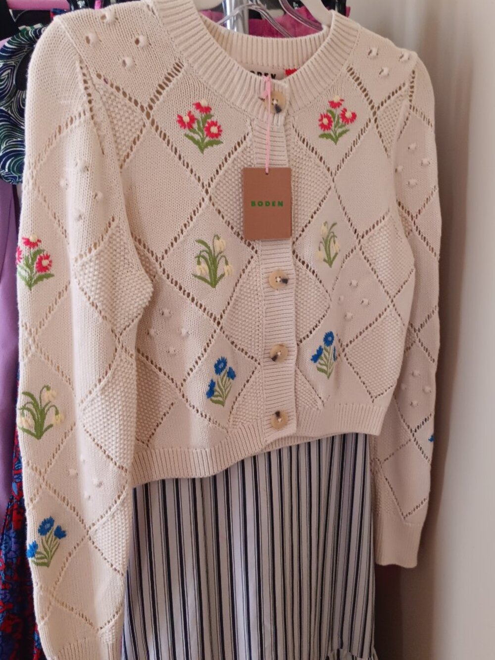 NWT Boden Cream Cotton with Embroidered Flower Cardigan Sweater